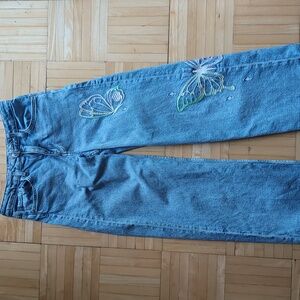 H&M girls button wide leg jeans with butterfly embroidery size 8